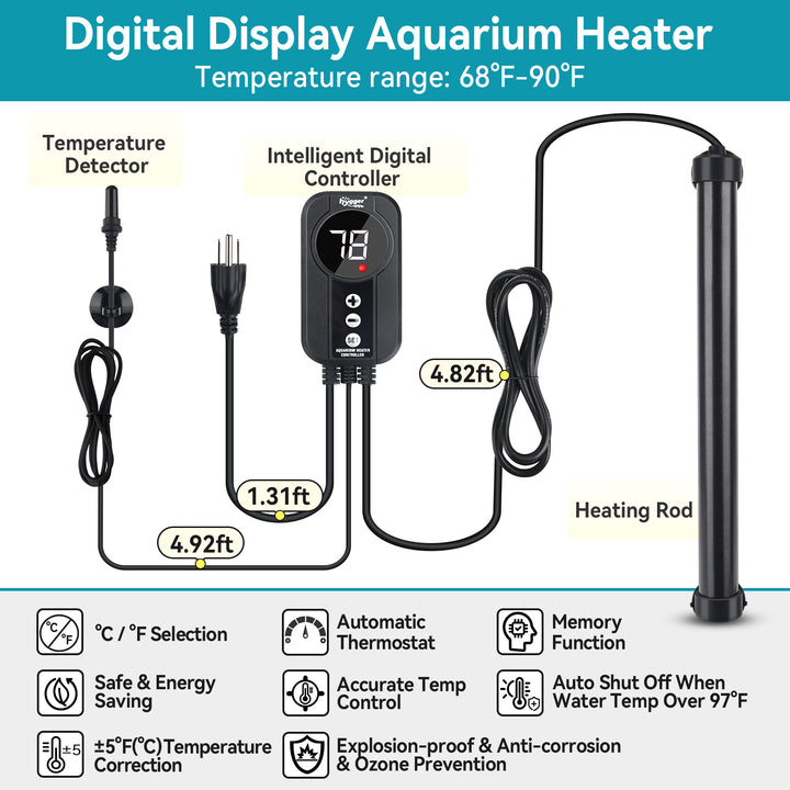 Hygger Titanium Heater with Digital Controller and Temperature Probe