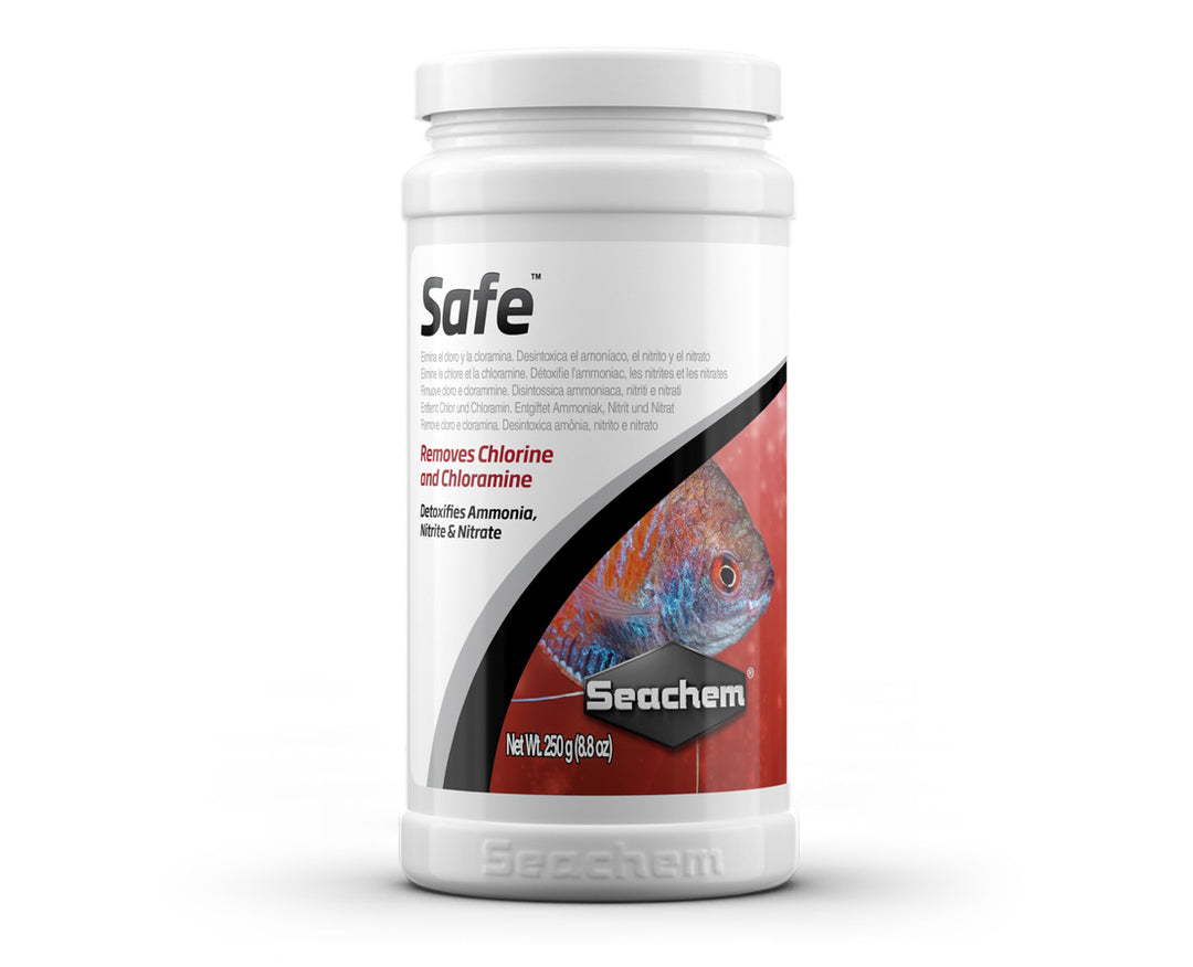 Seachem Safe water conditioner bottle from Central, designed to treat and condition aquarium water for fish health.