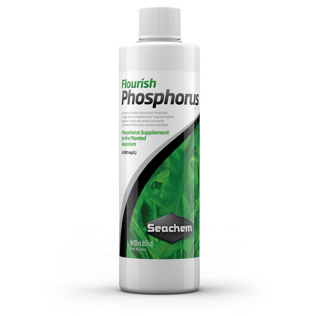Seachem Flourish Phosphorous fertilizer bottle from Central, with label, designed for aquatic plant nutrient supplementation.