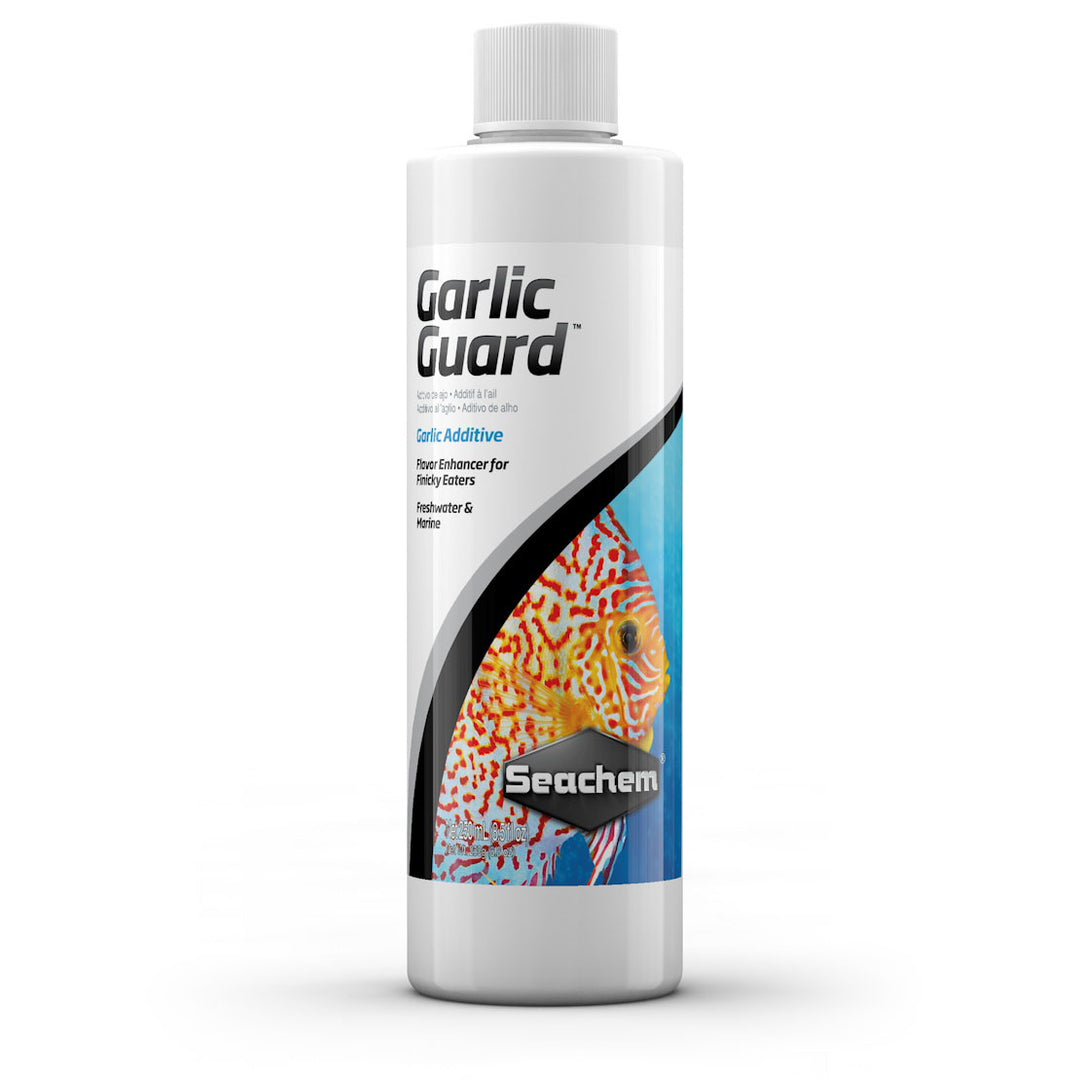 Seachem Garlic Guard 250ml fish medicine bottle with label and cap, used for fish health and parasite prevention.
