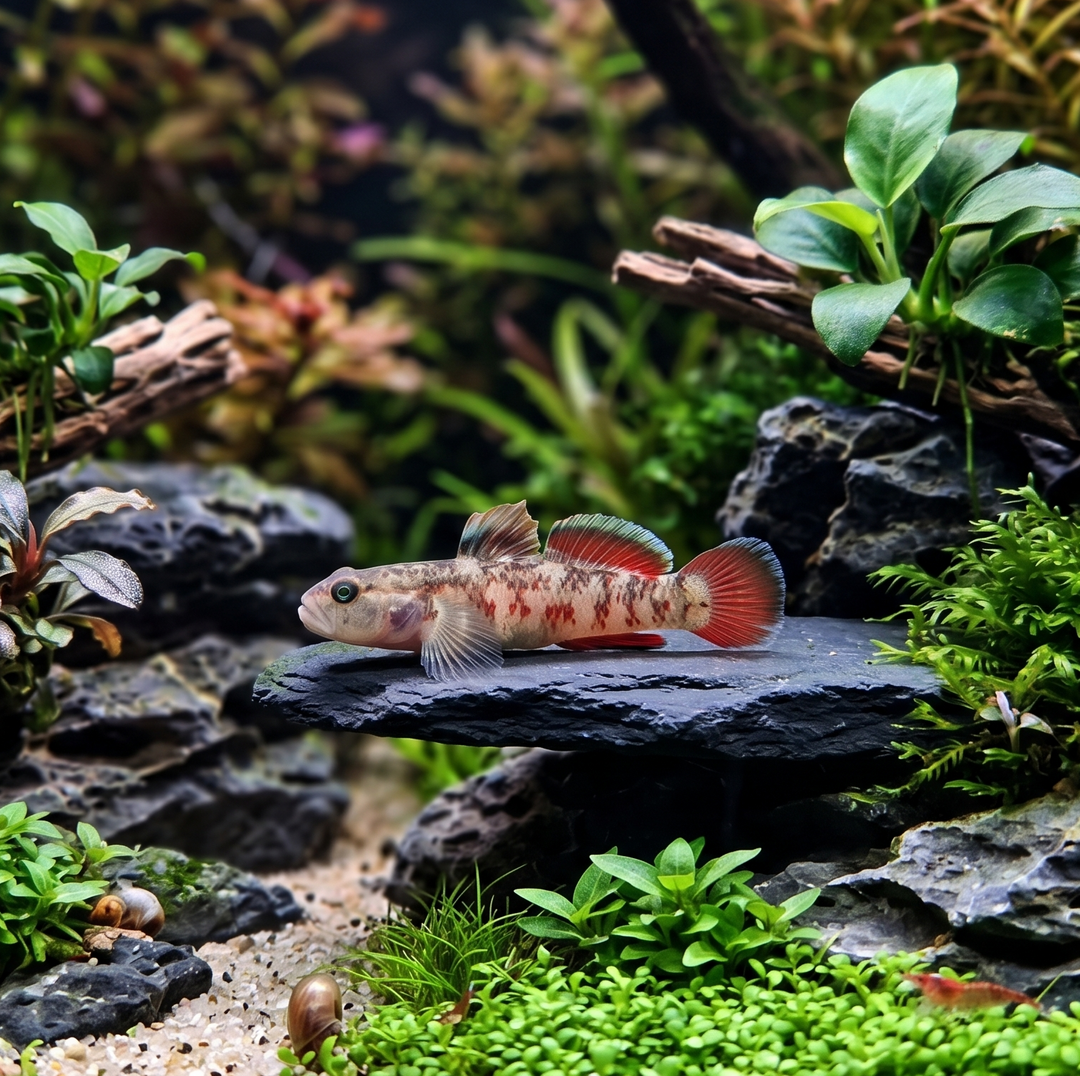 Zhou Scarlet Goby fish from Cuboid Nature Aquarium, displaying vibrant red and orange coloration with swimming fins and natural habitat.