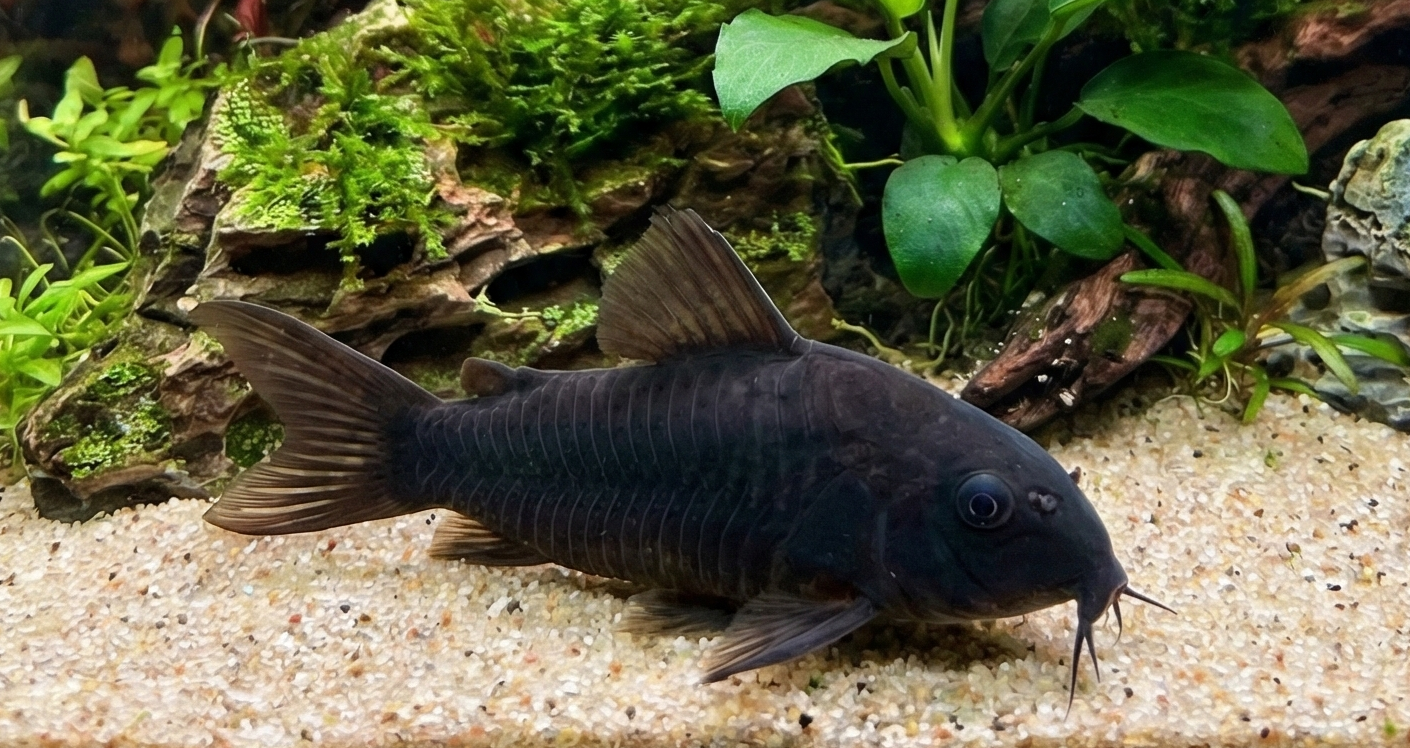 Black Venezuelan Corydoras fish from Cuboid Nature Aquarium swimming in a tank with gravel and aquatic plants.