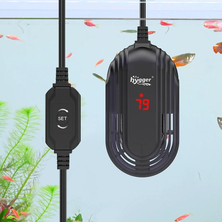 Hygger small aquarium heater with 15-watt power, compact design, and adjustable thermostat for maintaining water temperature.