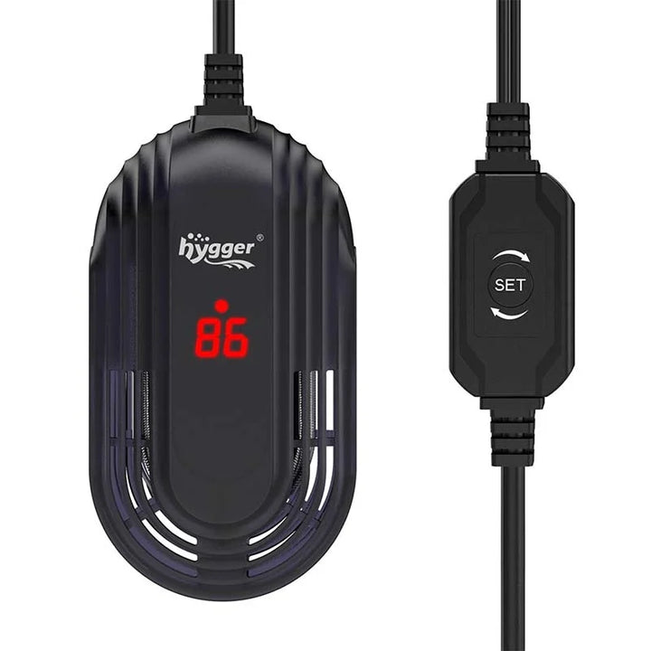 Hygger small aquarium heater with adjustable thermostat and 15-watt power, designed to keep freshwater or saltwater tanks warm.