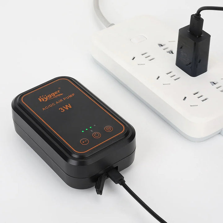 Hygger Rechargeable AC Air Pump with compact design, showing the pump connected to a power source, ready for inflation.