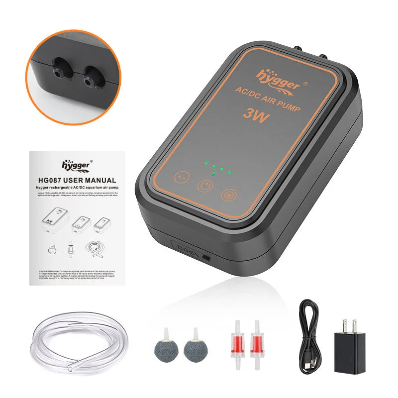 Hygger rechargeable AC air pump with digital display and control buttons, compact and portable for inflating and deflating.