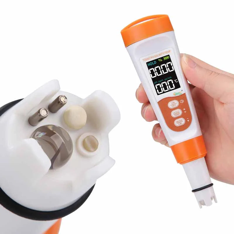 Hygger Water Quality Meter test kit with digital display for measuring water pH, temperature, and other quality parameters.