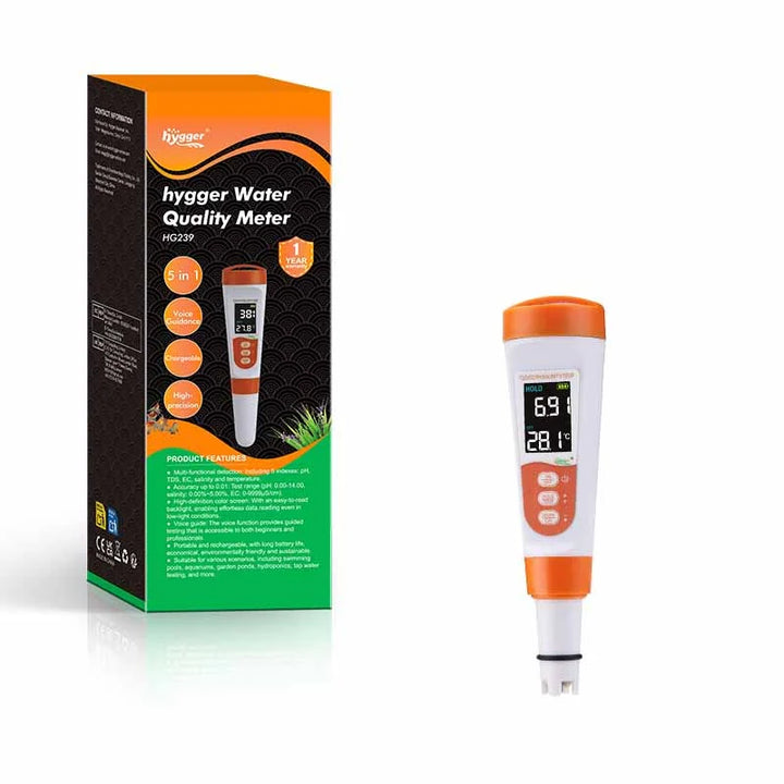 Hygger Water Quality Meter test kit with digital display and testing probes for measuring water parameters.
