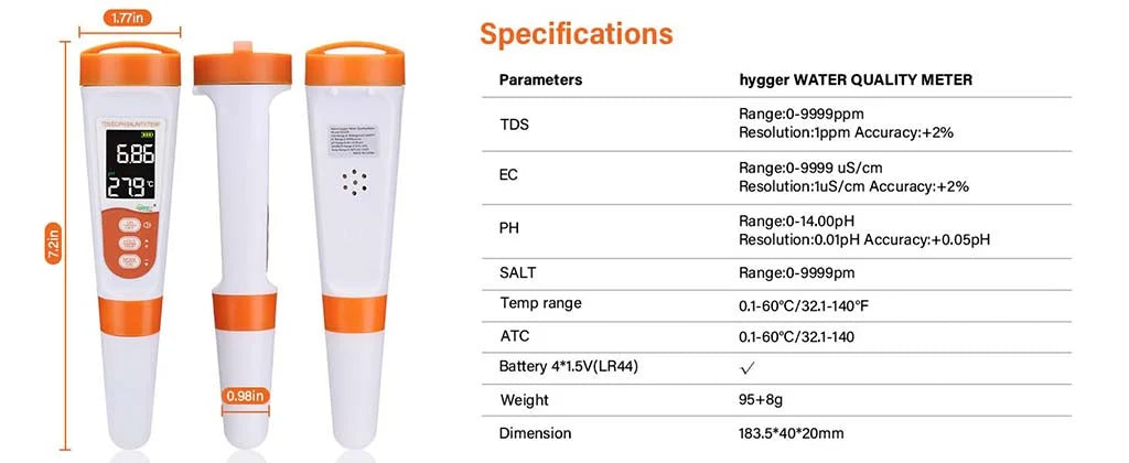 Hygger Water Quality Meter test kit with digital display and testing strips for accurate water quality measurement.