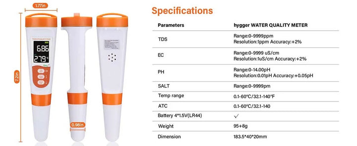 Hygger Water Quality Meter test kit with digital display and testing strips for accurate water quality measurement.