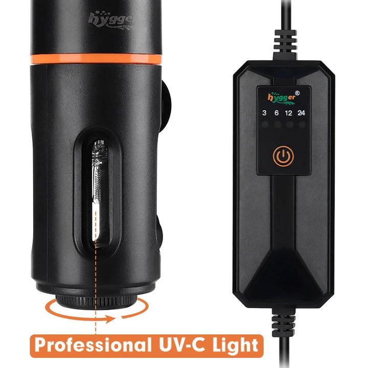 Hygger UV Sweeper Aquarium Light, 3W UV sterilizer for 5-25 gallon tanks, mounted on aquarium with clear water and aquatic plants.