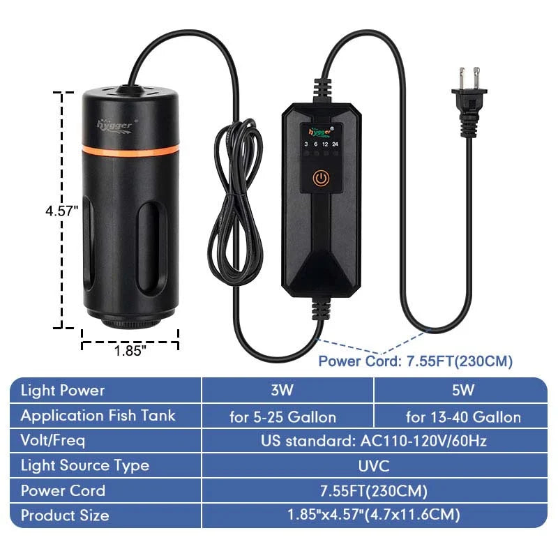 Hygger UV Sweeper Aquarium Light, 3W UV filter for 5-25 gallon tanks, mounted on aquarium with clear water and aquatic plants